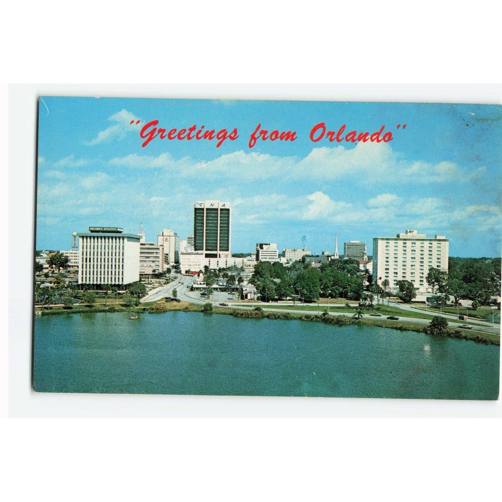 Vintage Greetings from Orlando Florida Skyline Lake Lucerne Postcard CFD1021